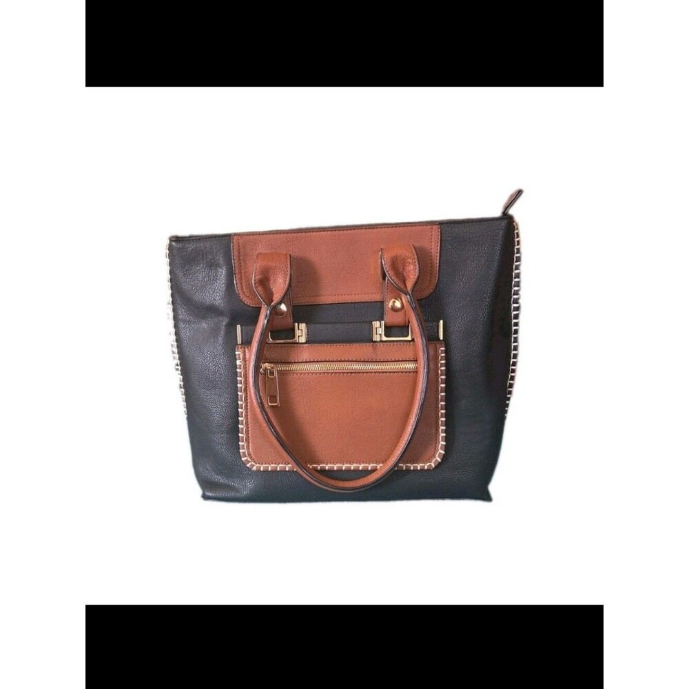 Clark's Womens Faux Leather Tote Medium Black Brown Colorblock Cream Whipstitch